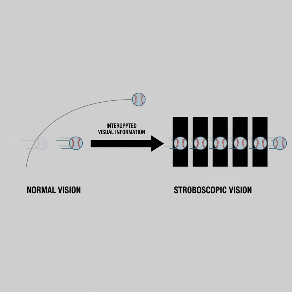An AI-generated conceptual diagram illustrating how stroboscopic eyewear functions. It shows a sequence of a baseball in flight, with intermittent frames blacked out to represent the 'flicker' effect, forcing the brain to predict the ball's path.