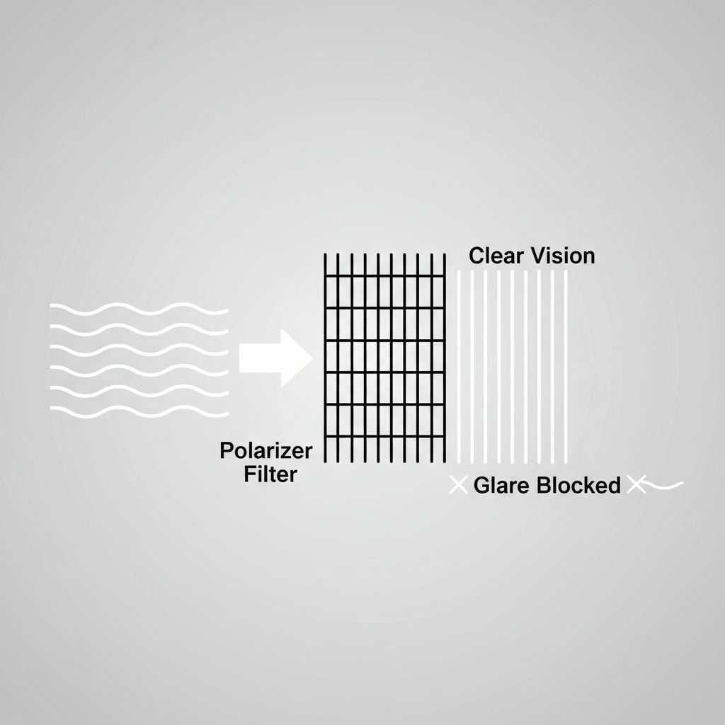 Diagram showing how polarized lenses filter horizontal glare.