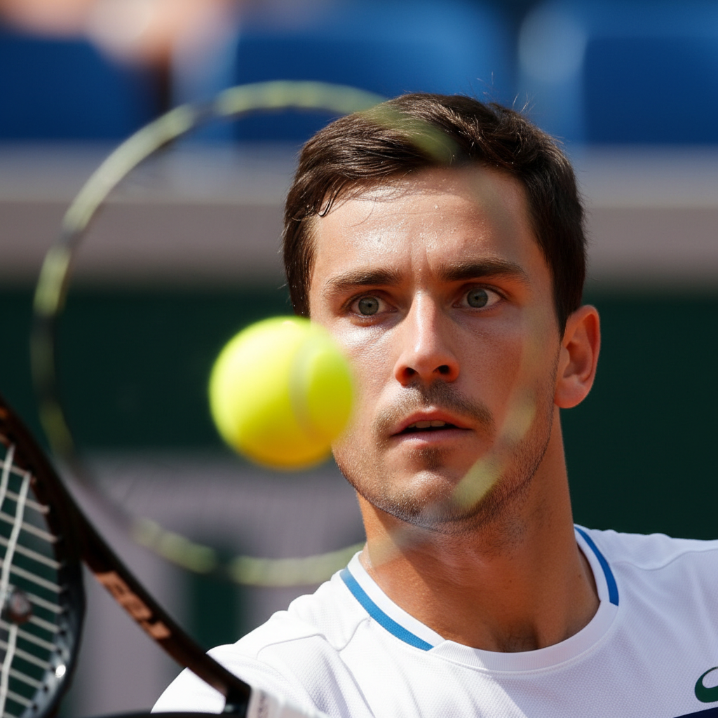 An AI-generated image of a tennis player in mid-serve, their eyes intensely focused on the ball. The image uses a shallow depth of field to emphasize the player's sharp focus and the concept of dynamic visual acuity.