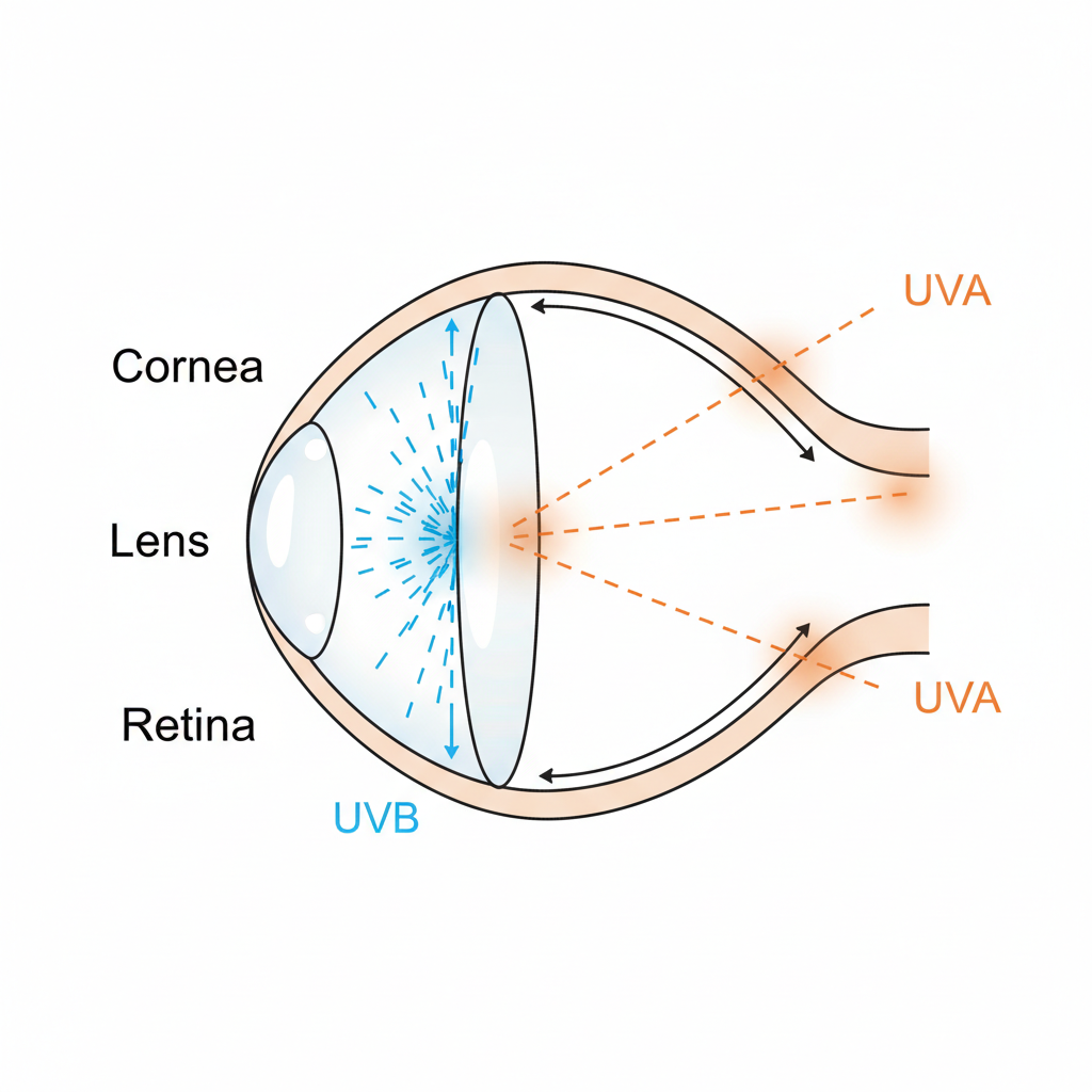 A scientific diagram showing how UVB rays are absorbed by the cornea, while UVA rays penetrate deeper into the eye.
