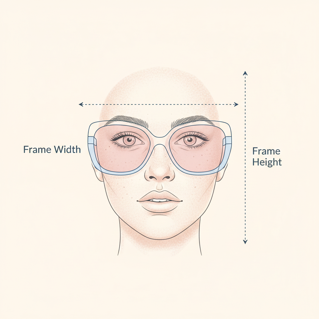 A diagram showing the ideal proportions for oversized sunglasses on a face, highlighting frame width and height.