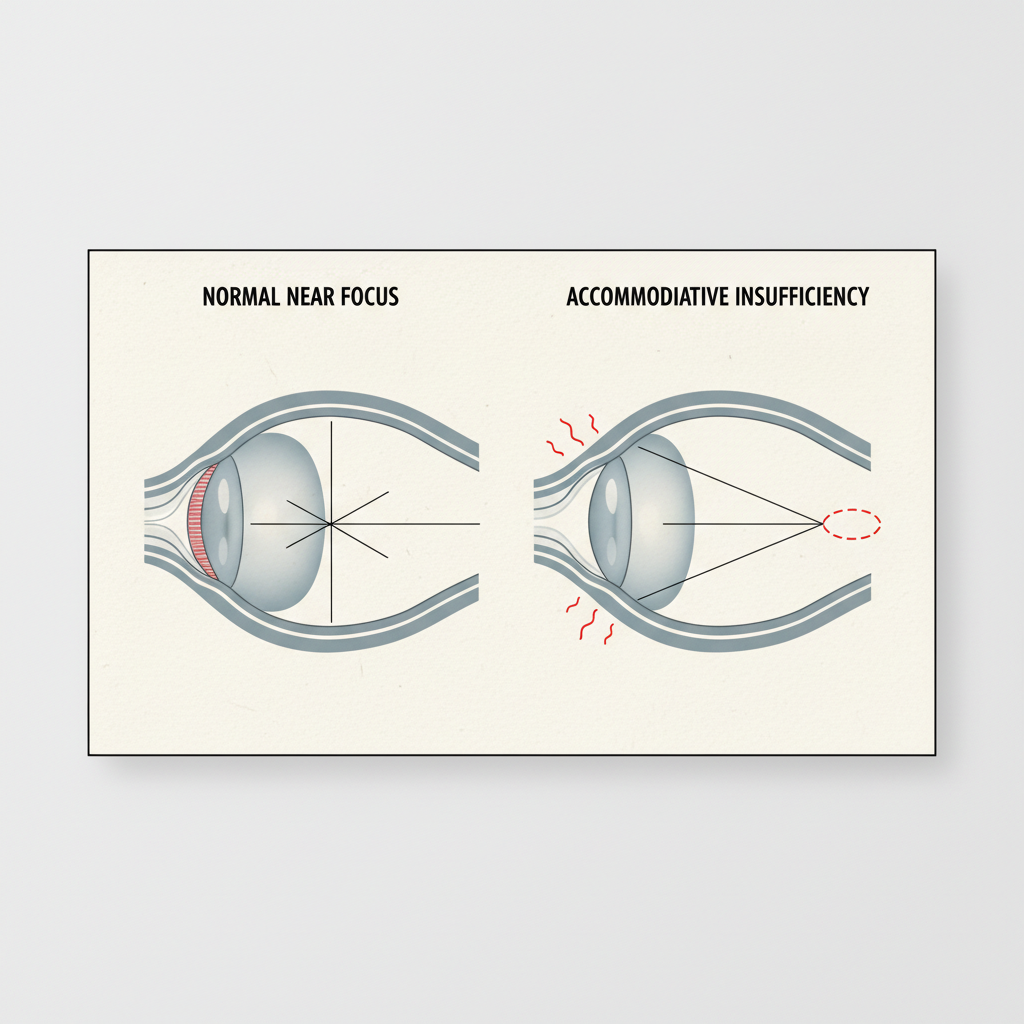 A simplified medical illustration showing two eyes. The top eye is labeled "Distant Vision" and shows a relaxed ciliary muscle and a flatter lens. The bottom eye is labeled "Accommodative Insufficiency" and shows a strained, fatigued ciliary muscle struggling to keep the lens rounded for near vision, with subtle stress indicators around it.