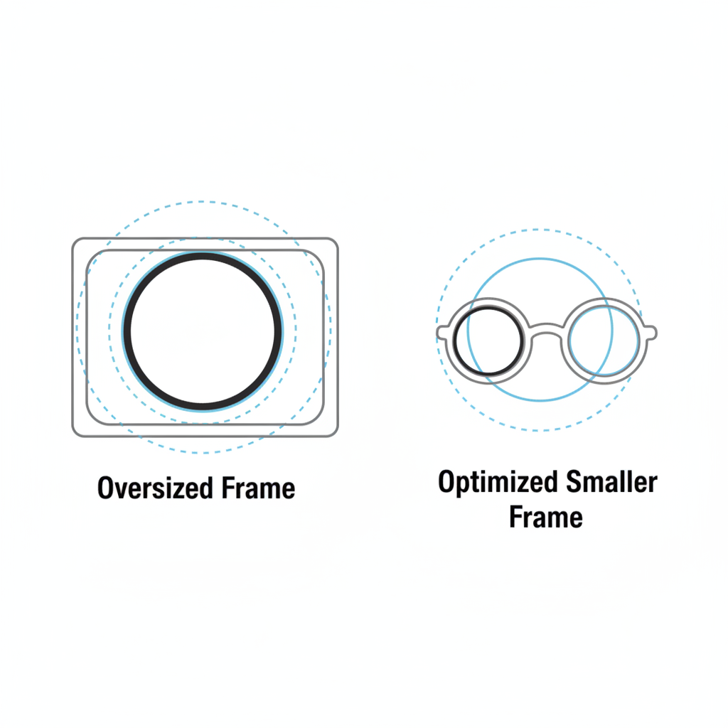 An illustration showing the same high-prescription lens fitted into two different frame sizes. The lens in the smaller, rounder frame has significantly thinner edges than the exact same lens cut for an oversized, rectangular frame.