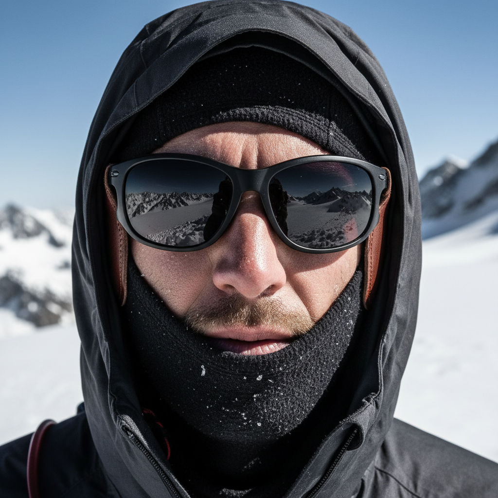 A person wearing wraparound, category 4 sunglasses in a bright, snowy mountain environment, demonstrating protection from intense glare and peripheral light.