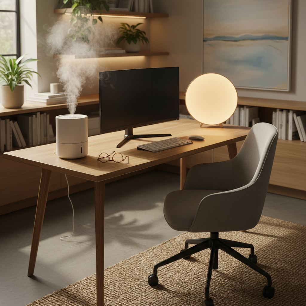 A comfortable home office setup featuring a humidifier emitting a gentle mist next to a computer monitor, illustrating an environmental adjustment for managing dry eye.