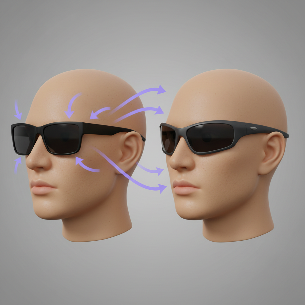A diagram comparing a flat sunglass frame, which allows significant UV light to enter from the sides, to a wraparound frame that hugs the face and blocks this peripheral light.