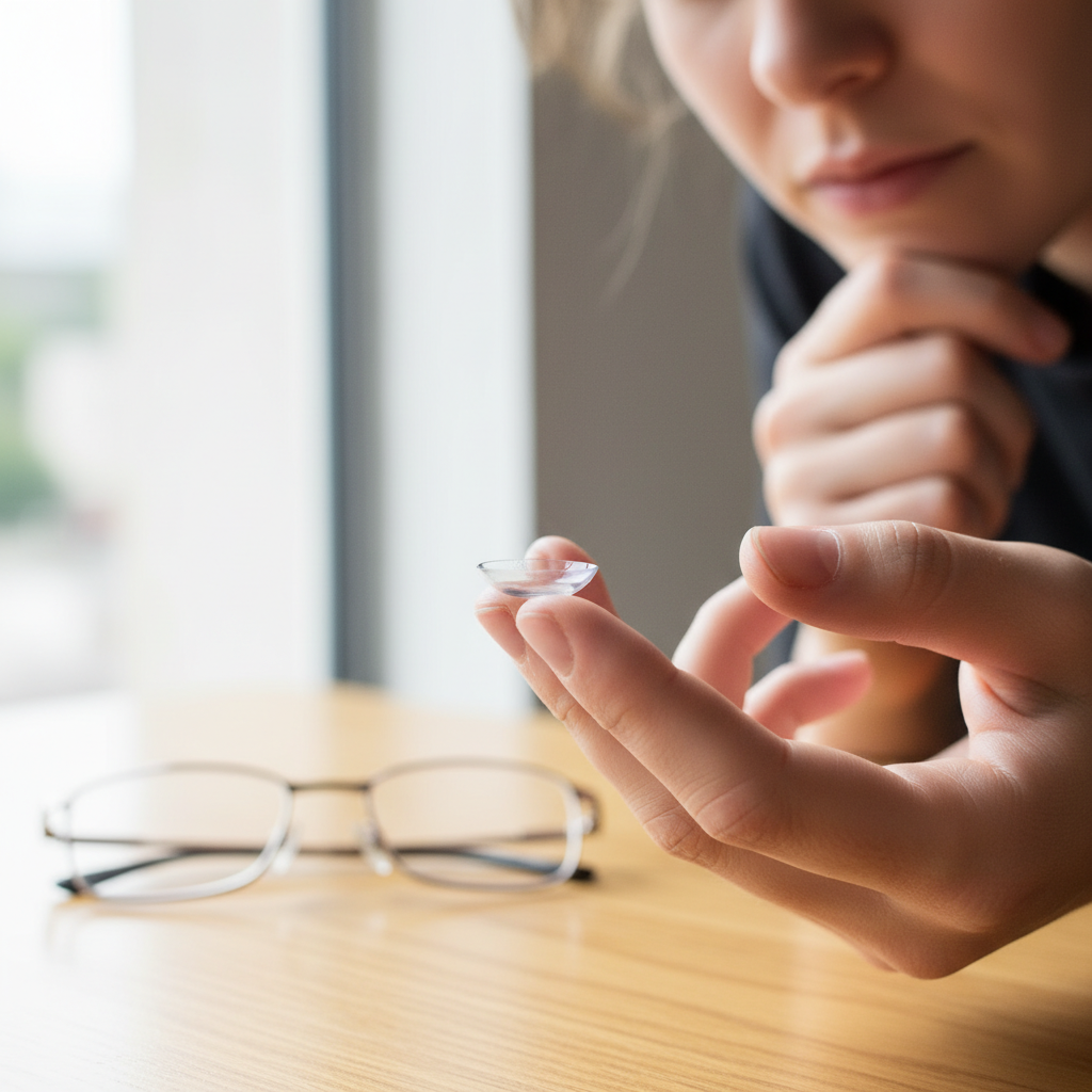 A person looking thoughtfully at a contact lens resting on their index finger, with a pair of stylish glasses sitting on the table in the blurred background. The scene is well-lit with soft, natural light, emphasizing a moment of decision about eye comfort.