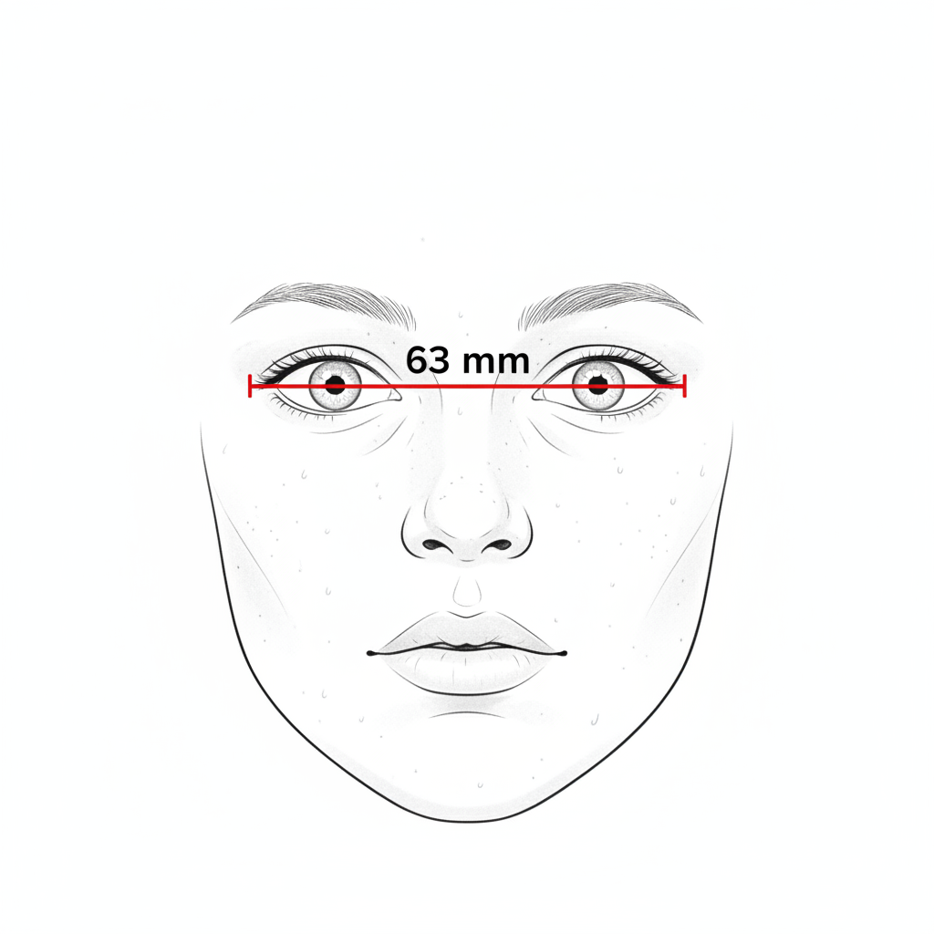 A clear diagram showing a human face with a horizontal line and measurement indicating the Pupillary Distance between the center of the pupils.