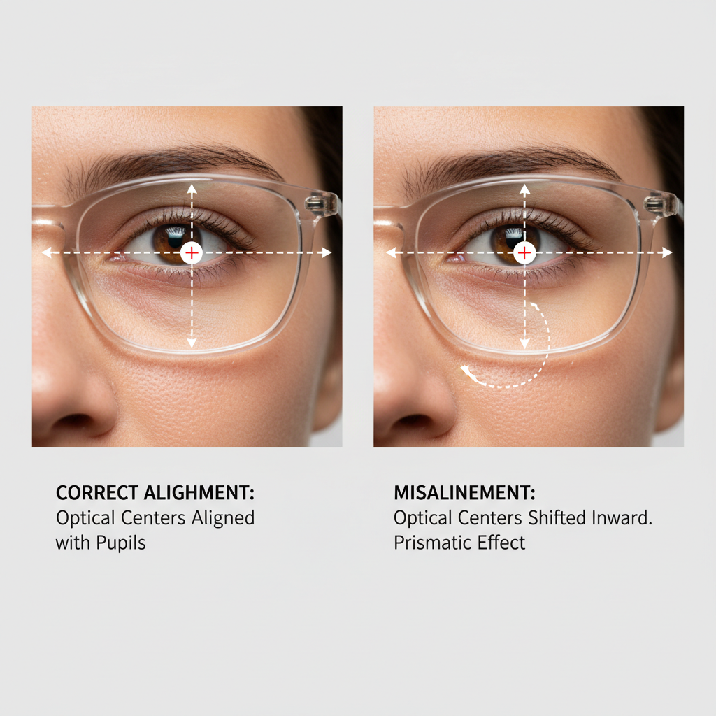A technical diagram illustrating how an incorrect pupillary distance (PD) causes the optical center of a lens to be misaligned with the pupil, inducing a prismatic effect that bends light improperly.