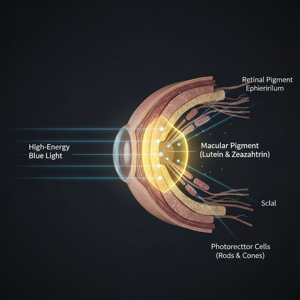 Diagram illustrating how macular pigment, composed of lutein and zeaxanthin, forms a protective shield in the retina, filtering harmful blue light.