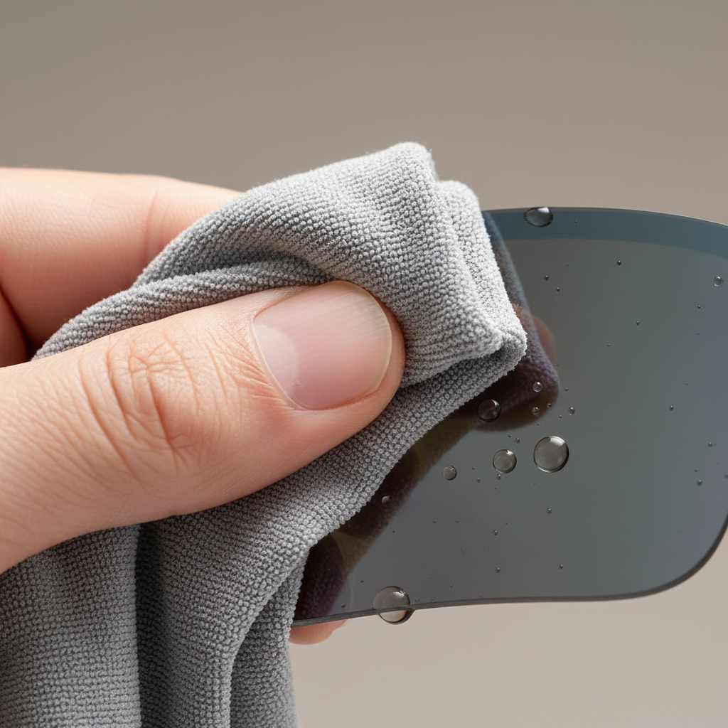 A microfiber cloth being used to gently pat dry a sports sunglass lens.