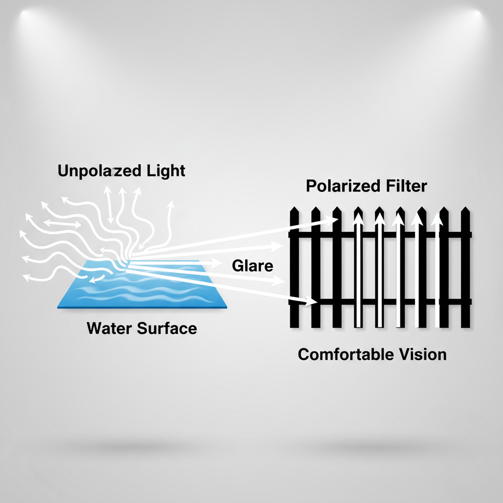 A diagram illustrating how polarized lenses filter out horizontal glare from surfaces like roads and water.