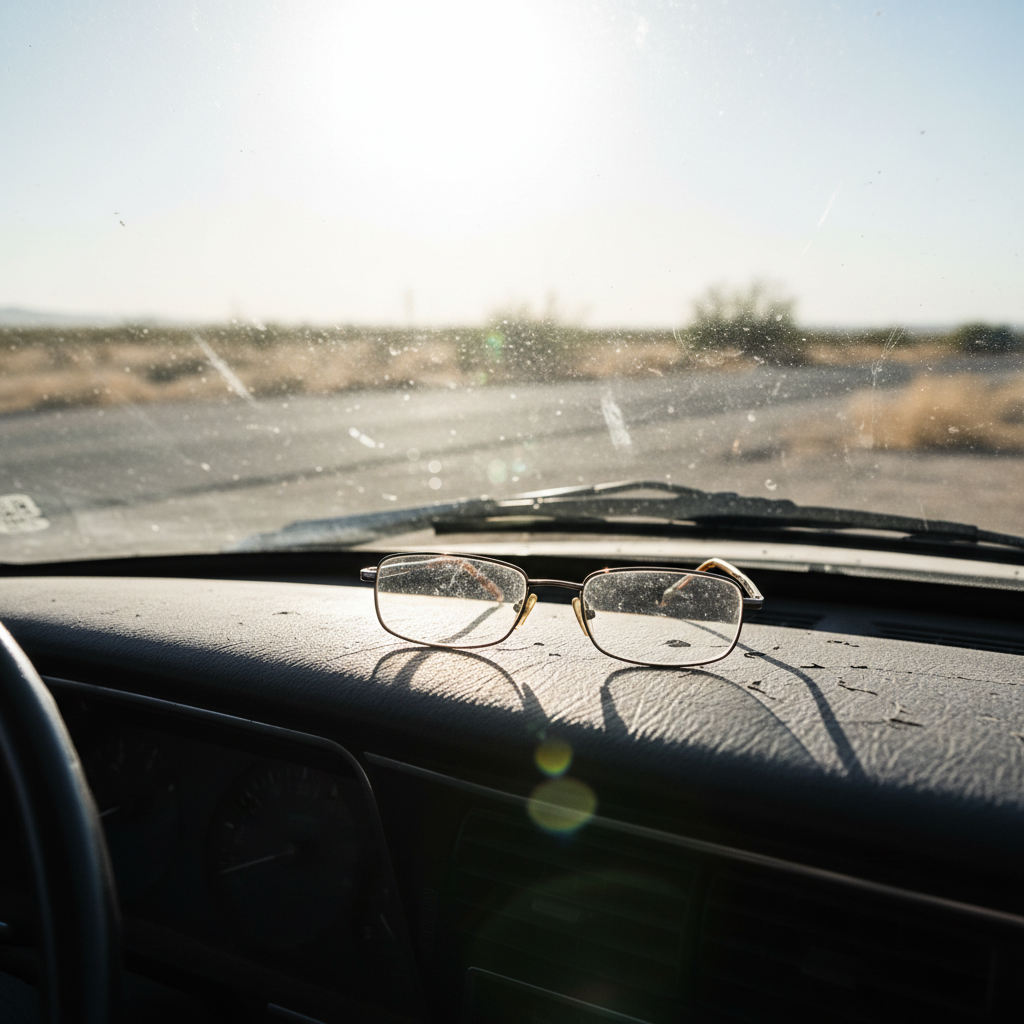 A pair of reading glasses left to bake on the hot dashboard of a car in the sun.