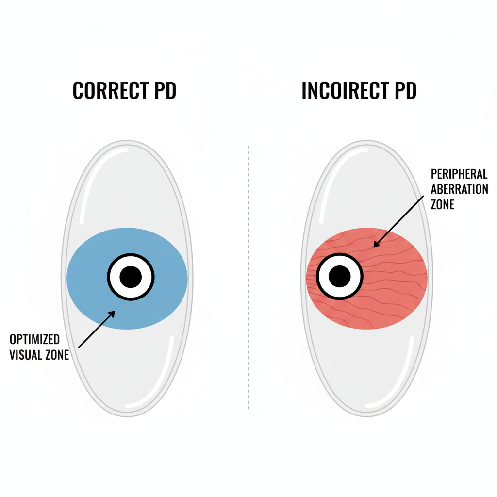 A diagram illustrating the importance of pupillary distance (PD) in free-form lenses. One side shows a correctly centered lens with the pupil in the middle of the optimized zone. The other side shows an incorrectly measured PD, causing the pupil to be off-center and looking through a distorted part of the lens.