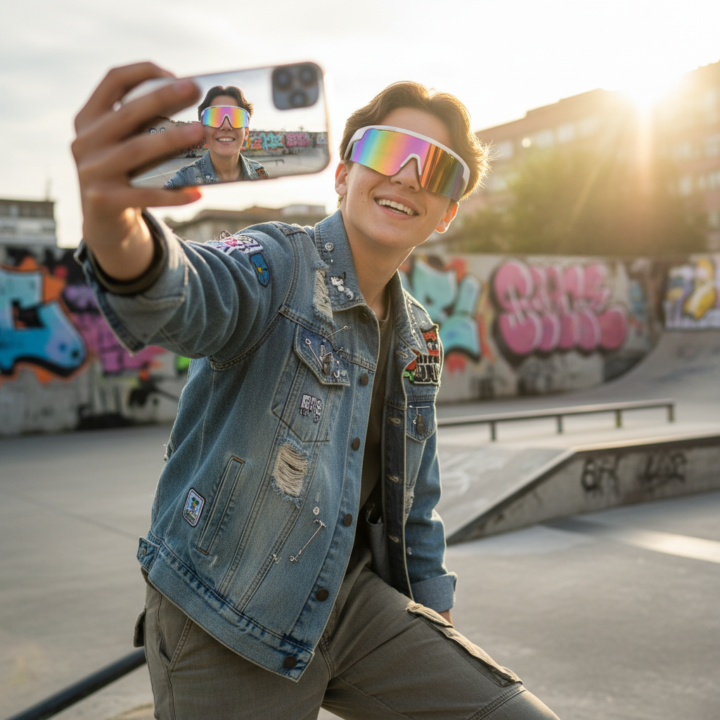 A stylish teenager with a confident attitude wearing colorful Y2K-inspired rimless shield sunglasses. She is taking a selfie in a bright, sun-drenched urban skatepark, capturing a vibrant and energetic moment.