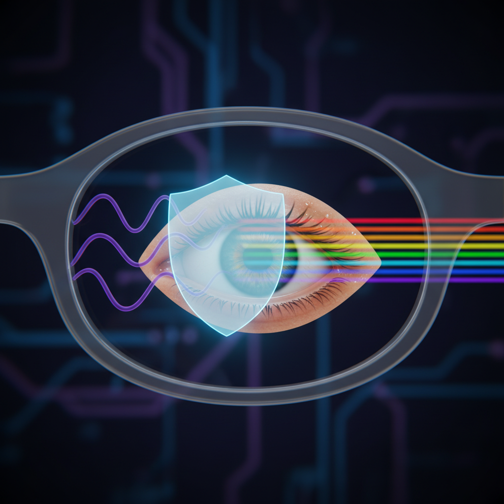 A close-up, stylized image of a sunglass lens. A transparent layer labeled "UV400 Filter" is shown deflecting invisible UV rays, while allowing safe visible light to pass through to an illustration of a healthy eye.
