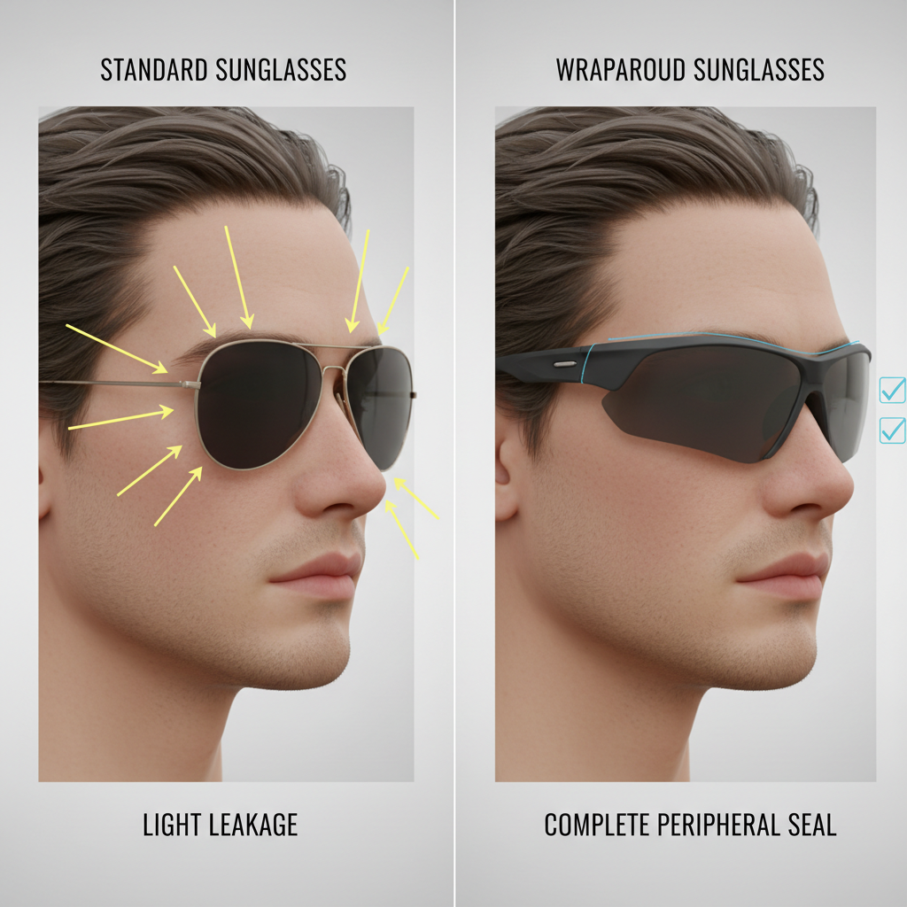 A comparison showing how wraparound sunglasses offer more complete protection by blocking peripheral light from the sides and top.