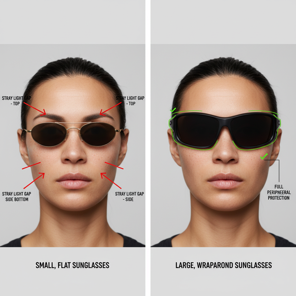 A split-screen image comparing two people. On the left, a person wears small, fashionable sunglasses leaving large gaps around the eyes. On the right, a person wears large, wraparound sunglasses that fit snugly against the face, showing complete coverage.