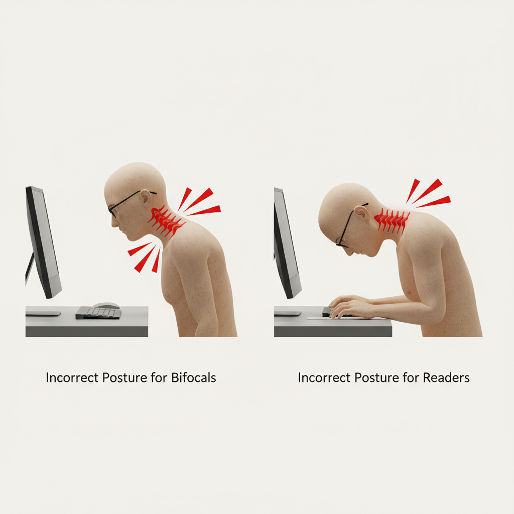 A diagram showing incorrect posture for bifocal and reading glass users. On the left, a person with bifocals tilts their head back to see a high monitor, with red lines indicating neck stress. On the right, a person with reading glasses hunches over a flat document, with red lines on their neck and back.