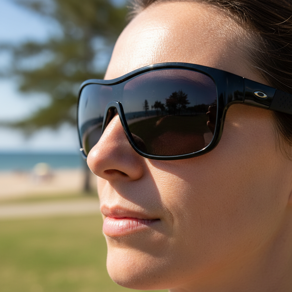 A person wearing large, protective wraparound sunglasses outdoors, demonstrating proper UV protection during PRK recovery.