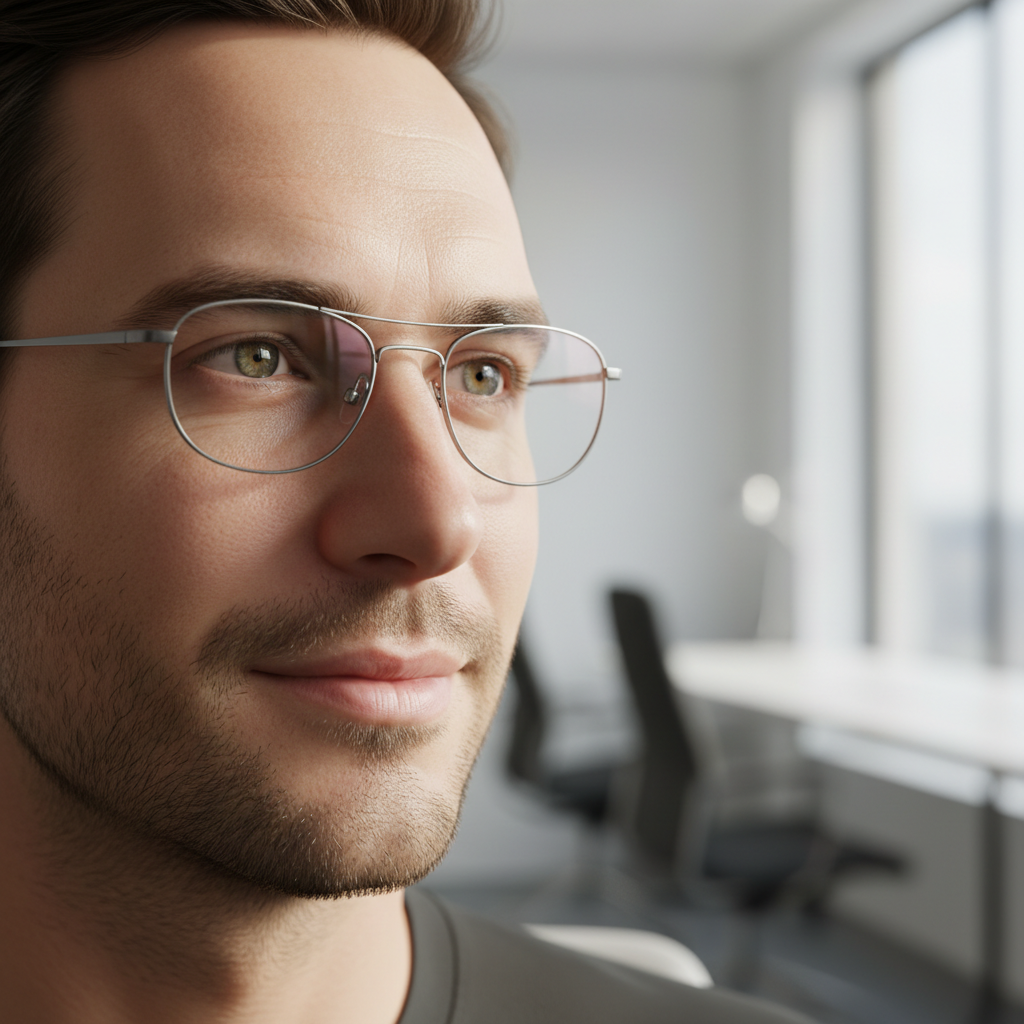 A stylish young professional with a high prescription wearing thin, elegant glasses with aspheric lenses. They are looking off to the side with their eyes, not their head, demonstrating a clear and comfortable peripheral view.