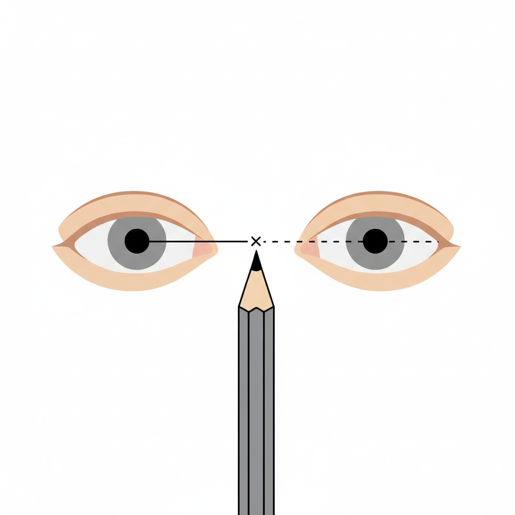 A simple medical diagram illustrating Convergence Insufficiency. The image shows two eyes attempting to focus on a nearby object (like a pencil tip). One eye is correctly aimed, while the other is shown drifting slightly outward, with a dotted line indicating the correct line of sight.