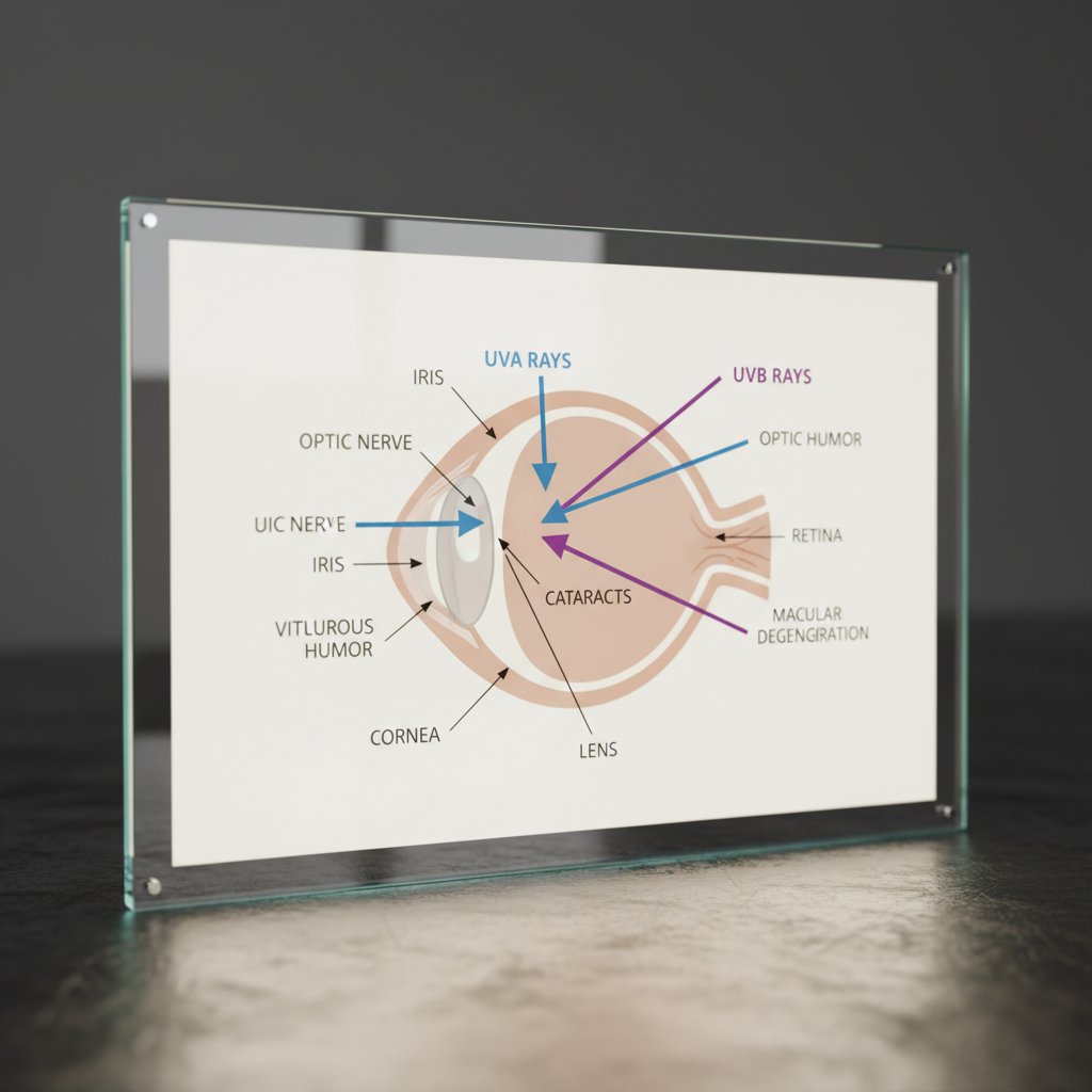 A clear, medical infographic diagram showing a cross-section of the human eye. Labeled arrows for UVA and UVB rays penetrate the eye, pointing to the cornea, lens, and retina, with text labels indicating potential damage like 'Cataracts' and 'Macular Degeneration'. Clean, minimalist, scientific style.