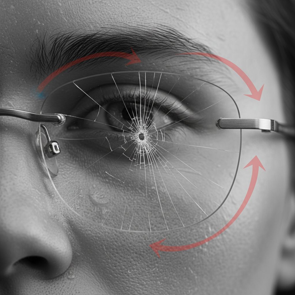 A macro photograph showing a spiderweb crack originating from the screw hole of a rimless eyeglass lens, illustrating stress fracture.