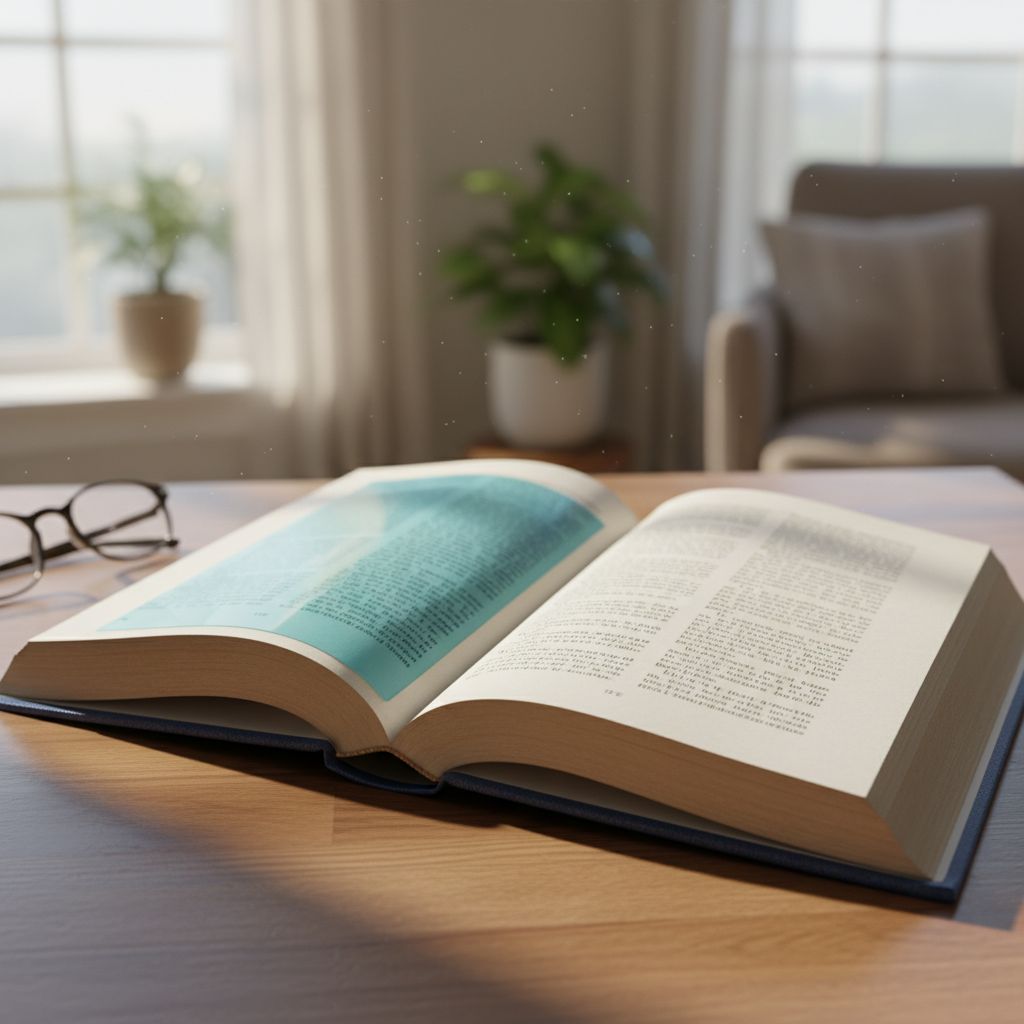 A colored overlay placed on an open book, demonstrating how it can make text clearer for people with visual stress.