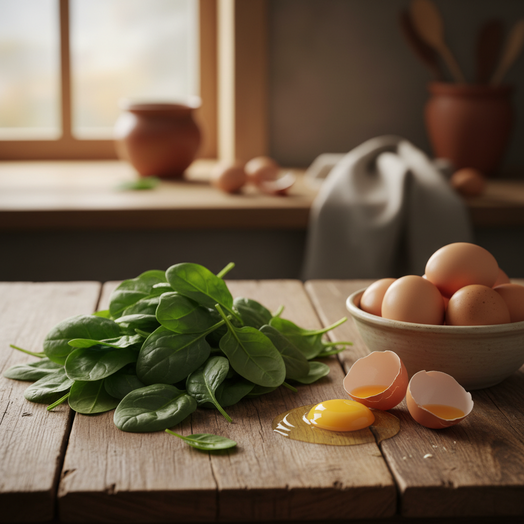 A comparison of fresh leafy greens and organic eggs on a wooden table, representing the dual sources of lutein.