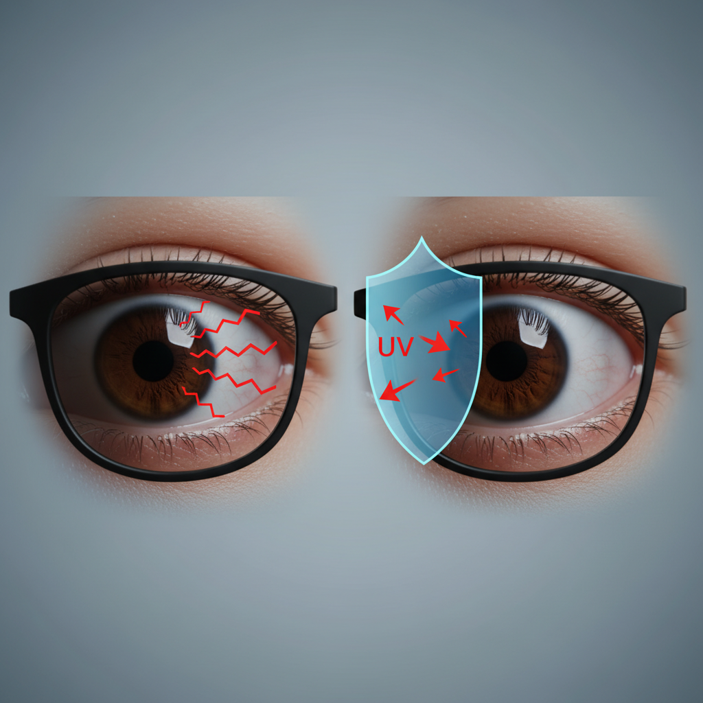 Diagram showing how dark lenses without UV protection can be more harmful by causing pupil dilation and increasing UV exposure to the eye.