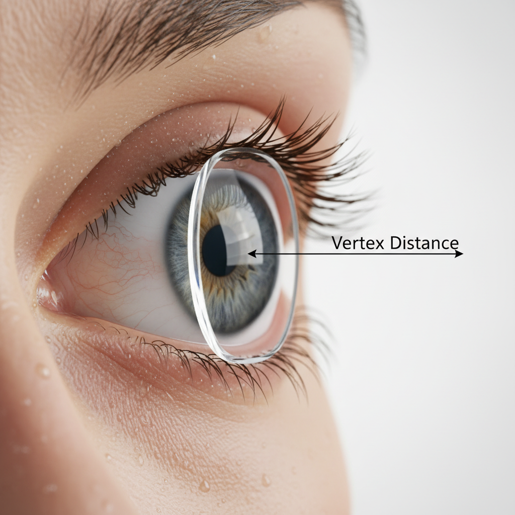 A diagram clearly showing the human eye, an eyeglass lens, and a double-headed arrow labeled "Vertex Distance" measuring the space between the cornea and the back of the lens.