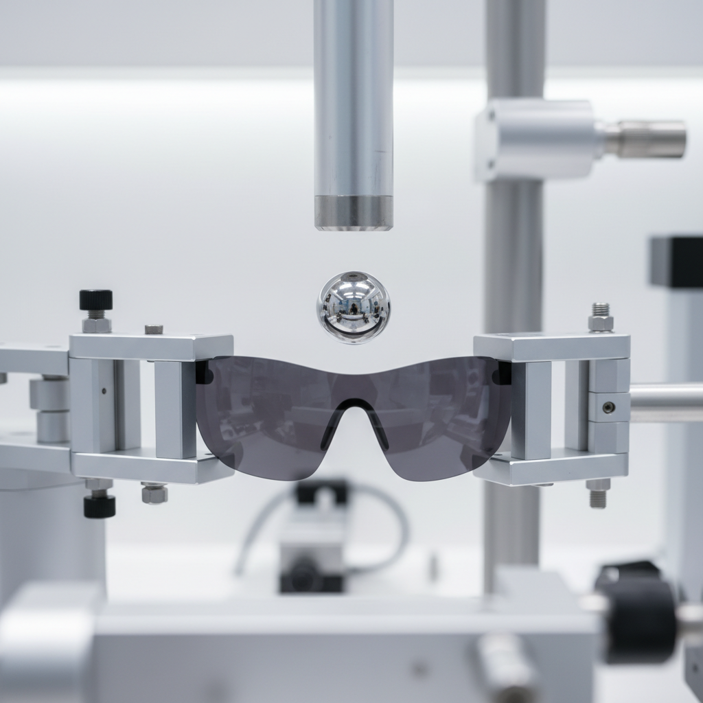 A laboratory setup showing the FDA drop ball test, with a steel ball suspended over a sunglass lens to demonstrate impact resistance testing.