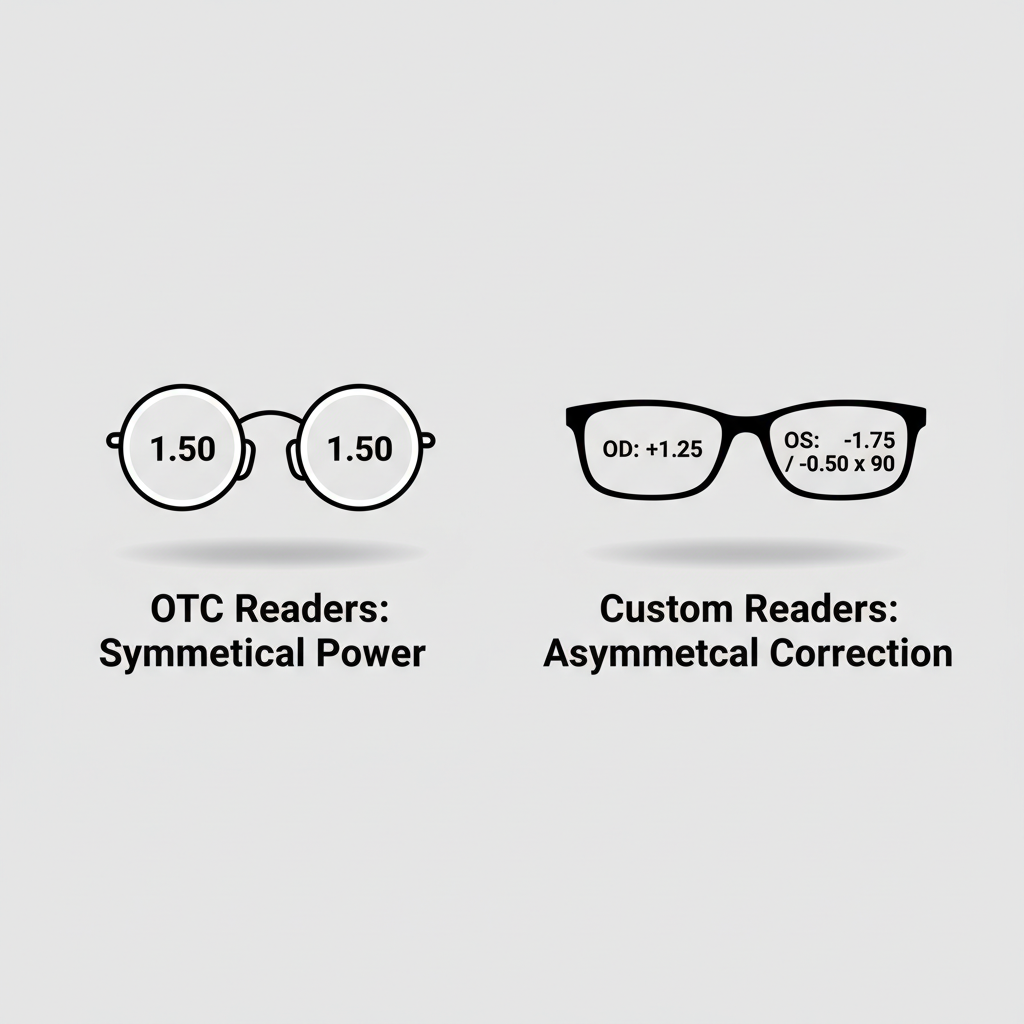 A diagram comparing a standard pair of reading glasses with the same power in both lenses to a custom pair with different powers tailored to each eye.