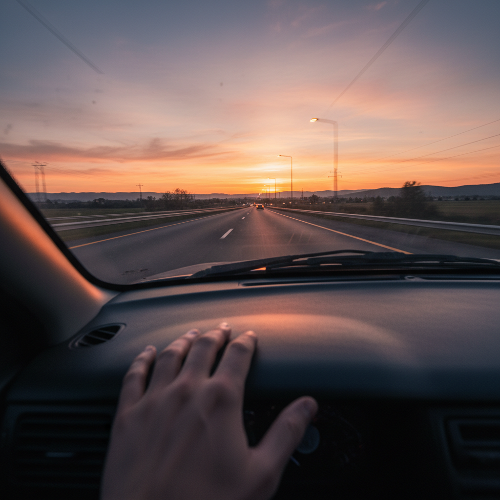 A first-person perspective from the passenger seat of a car driving on a highway at dusk. The interior of the car is slightly out of focus, while the road ahead and the passing scenery are captured in a crisp, clear shot, illustrating the visual input during motion.