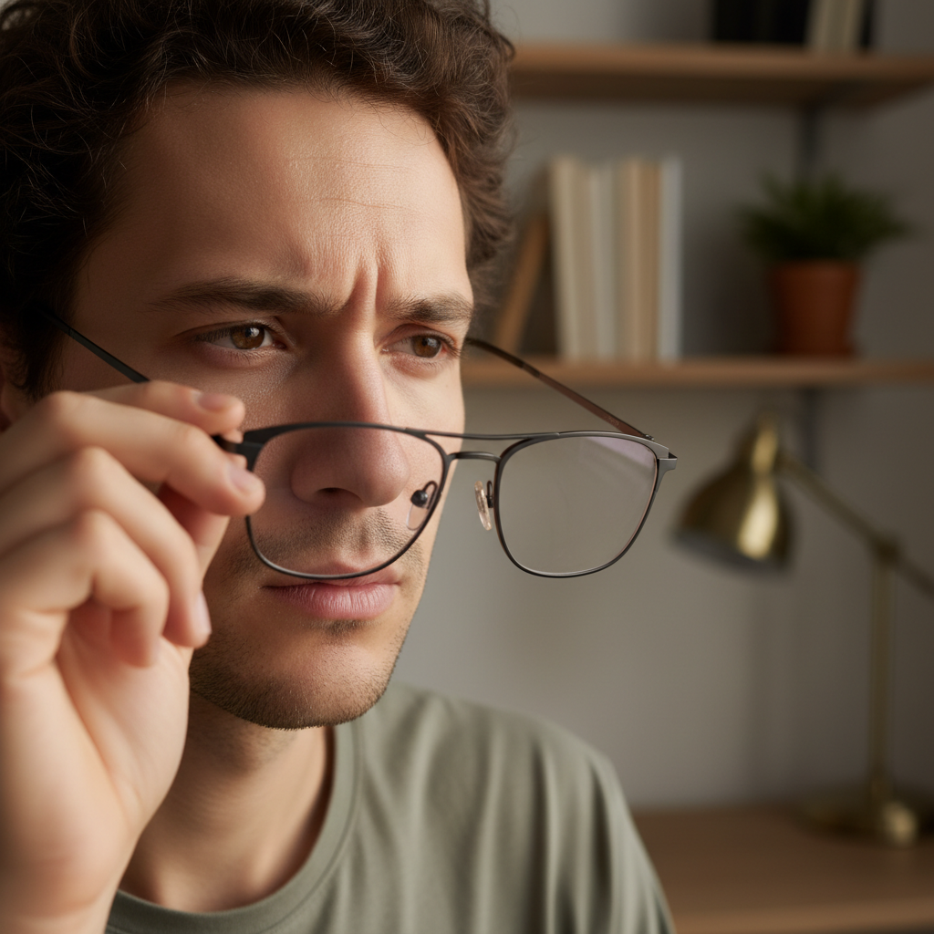 A person carefully inspecting their new prescription glasses, trying to figure out why they feel wrong.