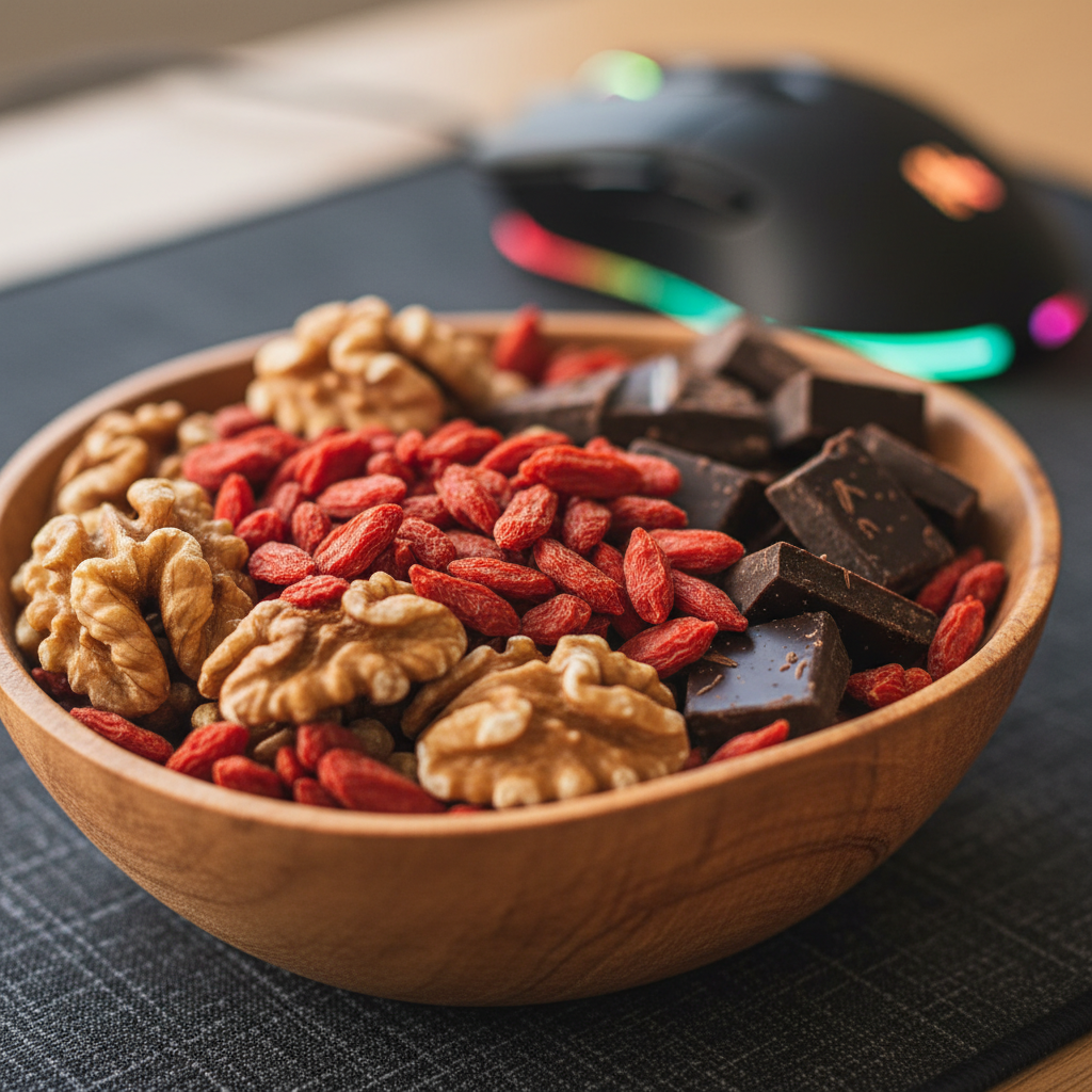 A close-up of a healthy snack bowl featuring goji berries, walnuts, and dark chocolate squares, arranged neatly on a modern desk.