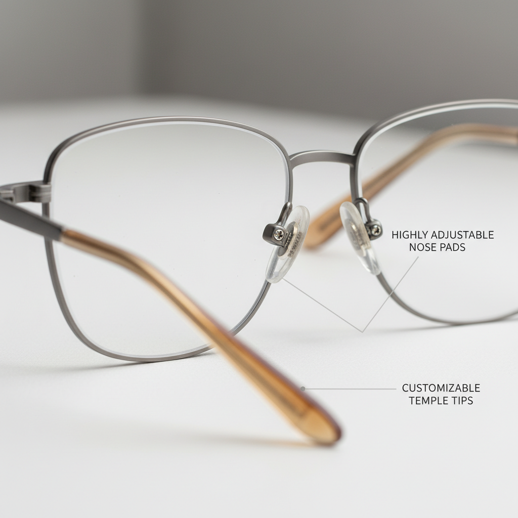 A detailed close-up shot of a pair of modern, lightweight eyeglasses, with callouts highlighting the highly adjustable nose pads and flexible temple tips, emphasizing the frame's custom-fitting capabilities.