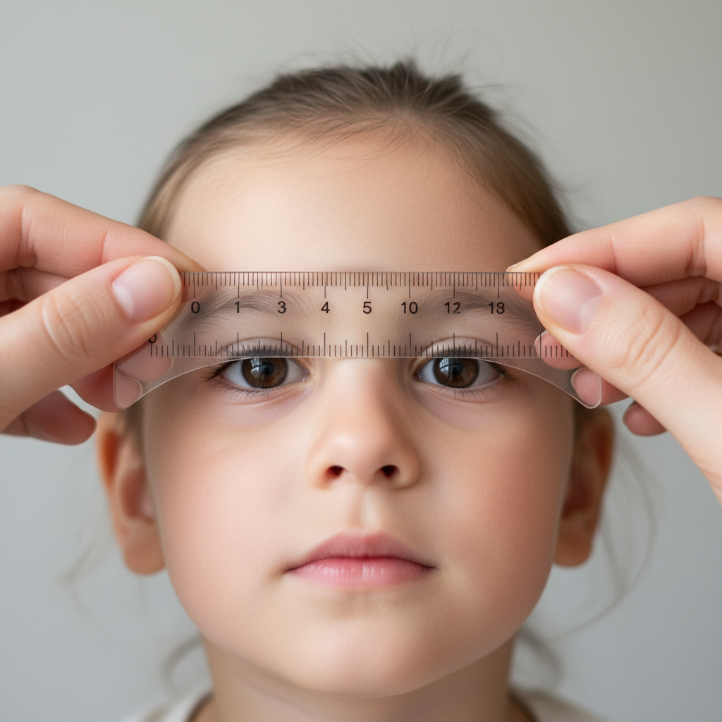 A clear, close-up photo showing a parent holding a millimeter ruler across their child's eyes to measure pupillary distance accurately.