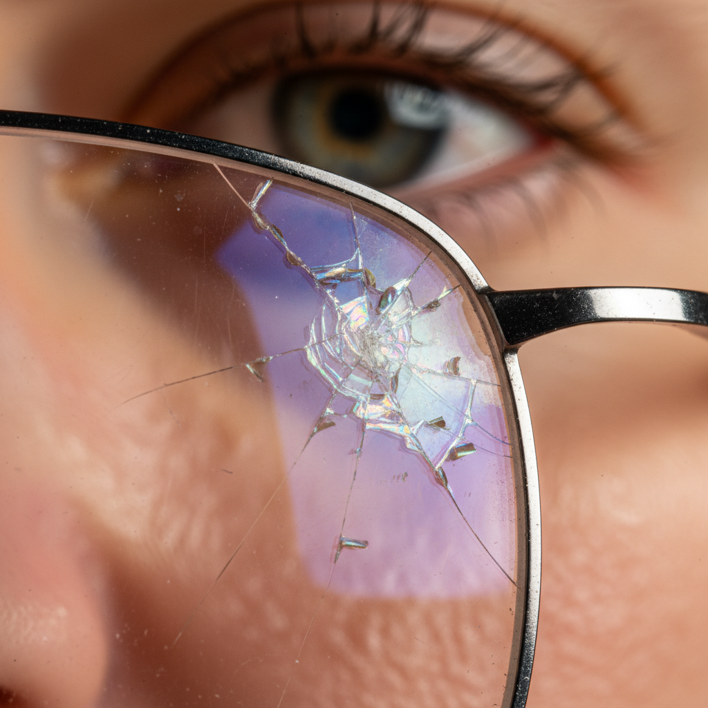 A close-up photograph showing the common failure point of a coated blue light lens, with the coating peeling and cracking.