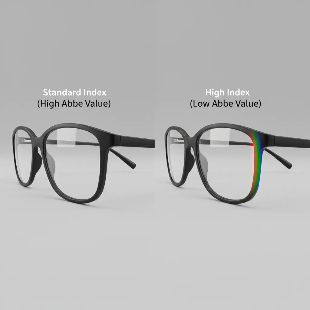 A comparison showing a thicker, standard-index lens next to a thinner, high-index lens, illustrating the trade-off between thickness and potential chromatic aberration.
