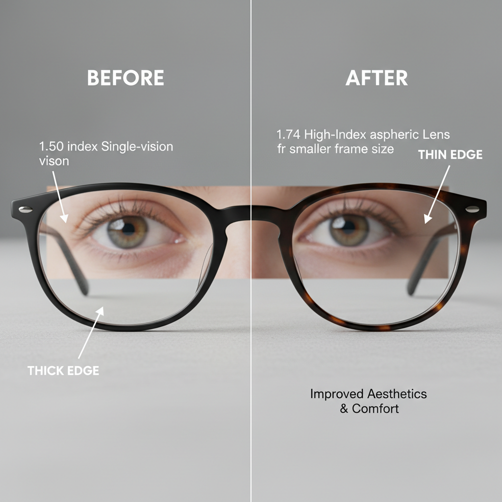 A visual comparison showing how a high-index lens in a smaller frame dramatically reduces edge thickness compared to a standard lens in a large frame for the same high prescription.