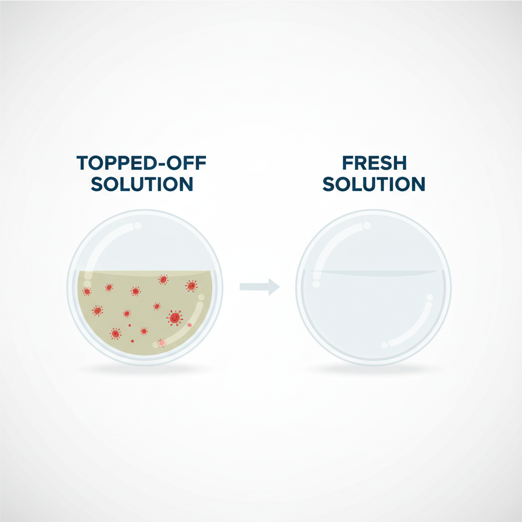 A diagram comparing a contact lens case with contaminated, topped-off solution to a case with fresh, clean solution, illustrating the risk of bacterial growth.