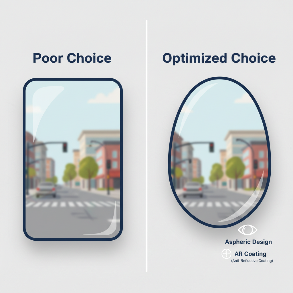 Comparison of a spherical high-index lens versus an aspheric design with AR coating to reduce chromatic aberration.