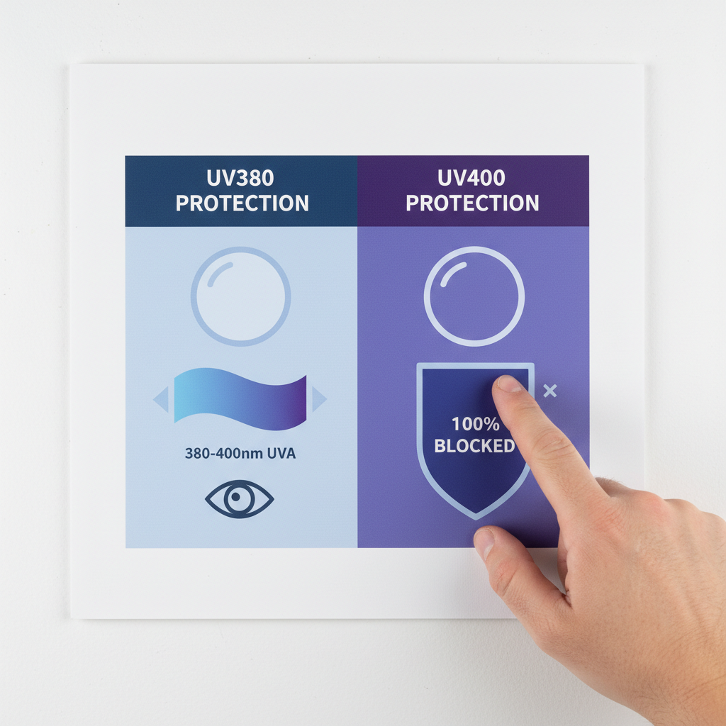 A clear, easy-to-understand diagram comparing a UV380 lens to a UV400 lens. The UV400 side shows a complete shield deflecting all UVA and UVB rays, while the UV380 side shows a small but significant portion of harmful violet light passing through.