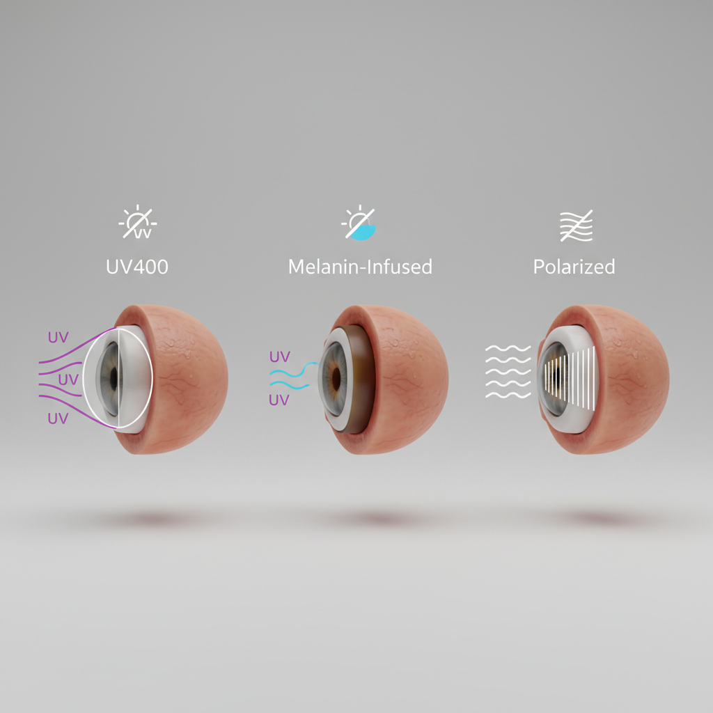 A diagram comparing how UV400, Melanin-Infused, and Polarized lenses filter different types of light before it reaches the eye.