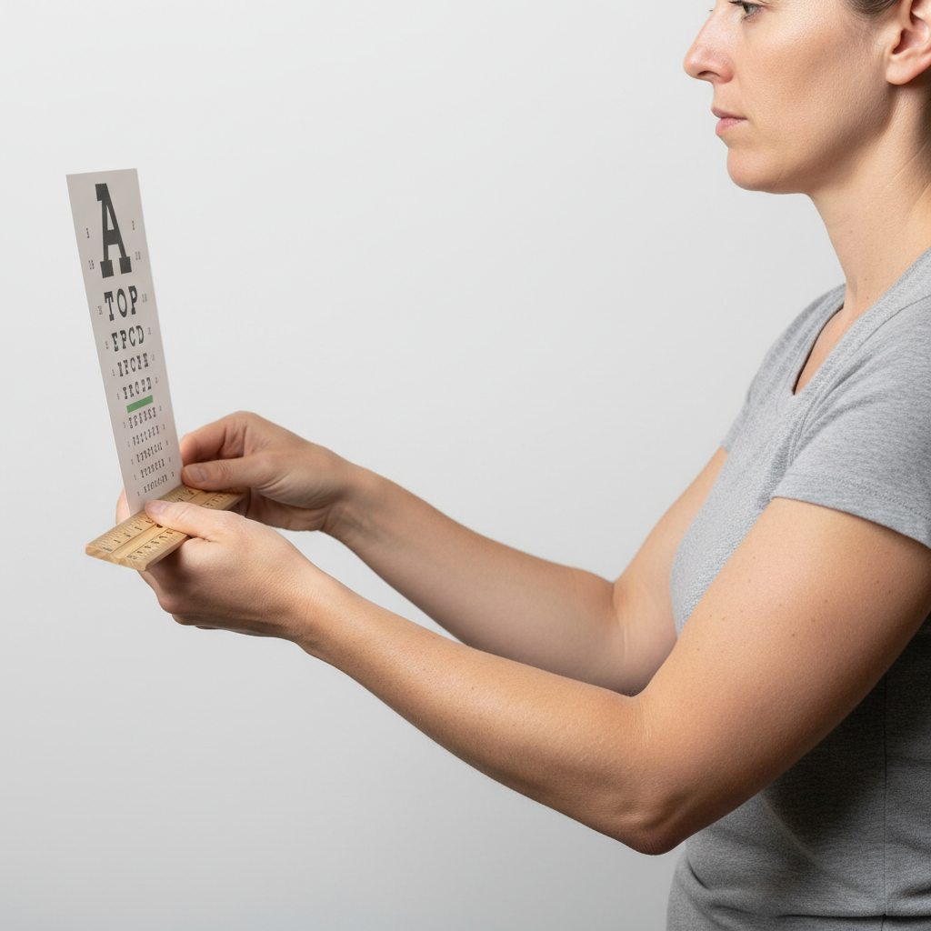 A person sitting upright and holding a reading test chart at the correct 14-16 inch distance, with a ruler visible to emphasize the measurement.