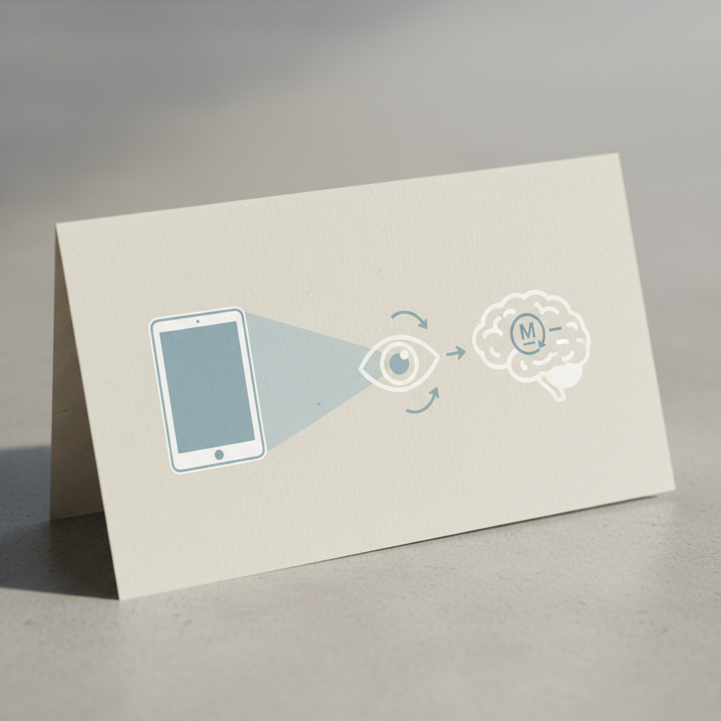 A simple diagram showing how blue light from a tablet travels to a child's eye, with a corresponding brain icon indicating suppressed melatonin production.