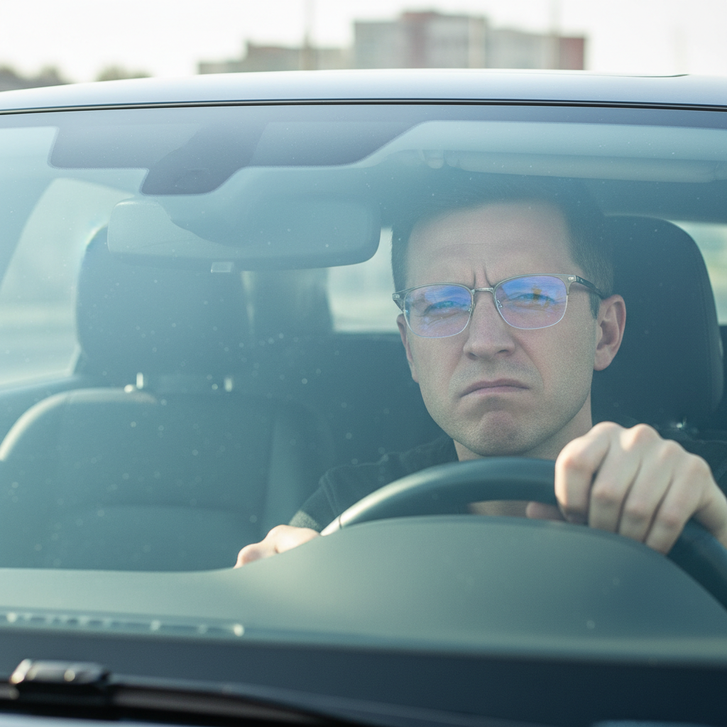A driver's point of view inside a car, where their photochromic glasses remain frustratingly clear despite the bright sunlight outside the windshield.