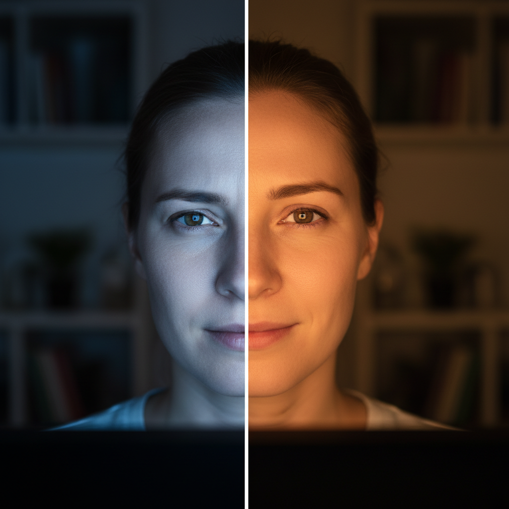 A split-screen comparison showing the difference between a harsh, blue-toned screen and a comfortable, warm-toned screen with a night light filter enabled.